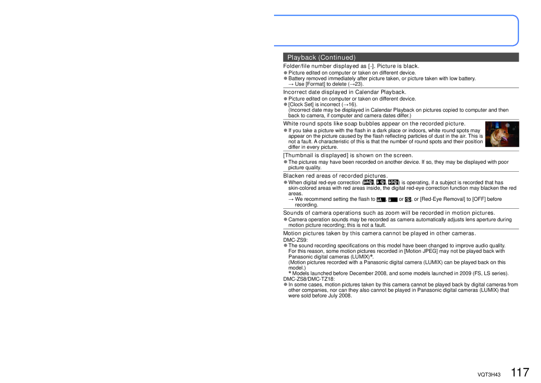 Panasonic MC-ZS8 Folder/file number displayed as -. Picture is black, Incorrect date displayed in Calendar Playback 