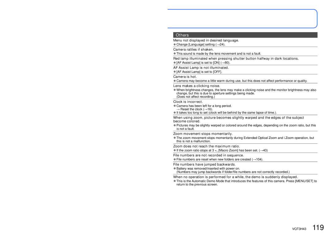 Panasonic MC-ZS8 Menu not displayed in desired language, Camera rattles if shaken, AF Assist Lamp is not illuminated 