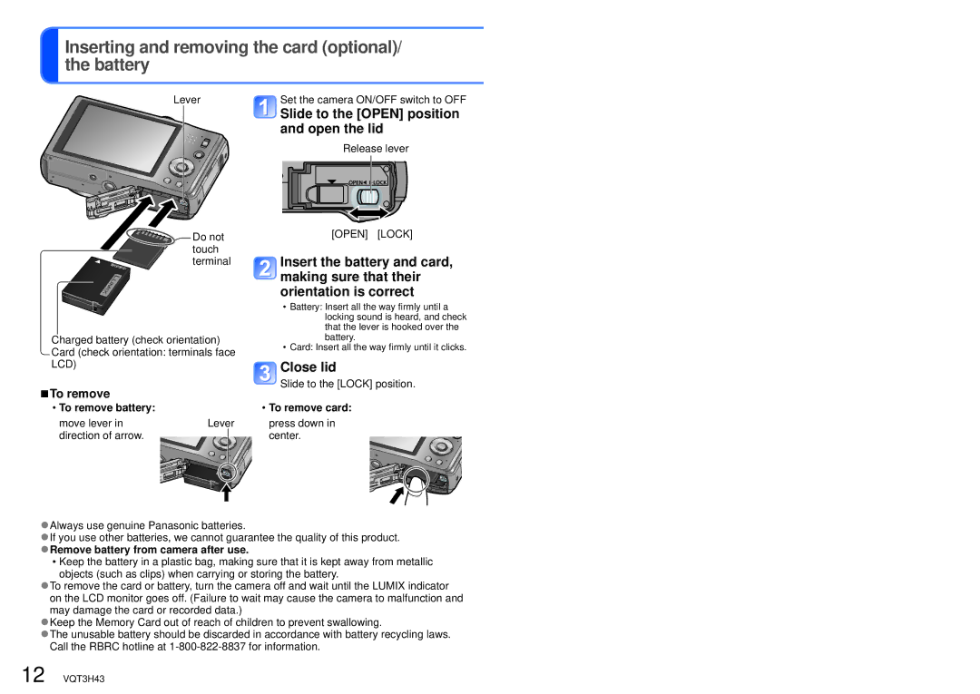 Panasonic DMC-TZ18 Inserting and removing the card optional/ the battery, Slide to the Open position and open the lid 