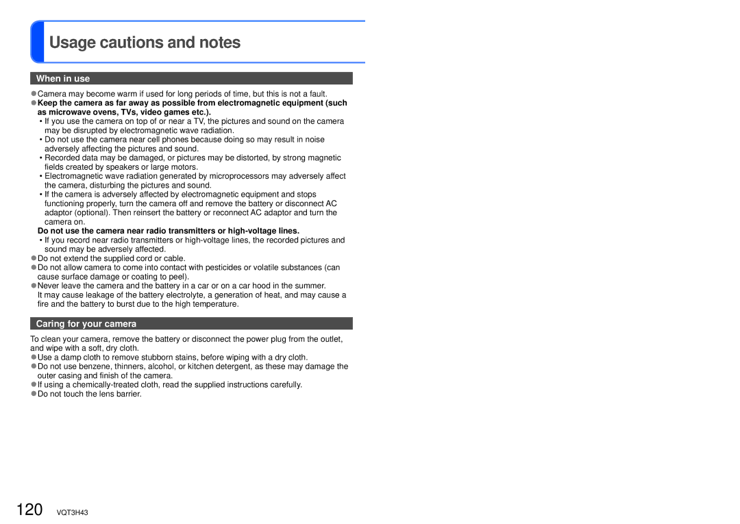 Panasonic DMC-TZ18, MC-ZS8 owner manual Usage cautions and notes, When in use 