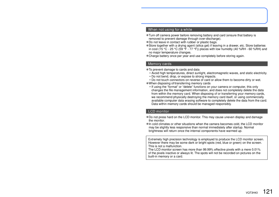 Panasonic MC-ZS8, DMC-TZ18 owner manual When not using for a while 