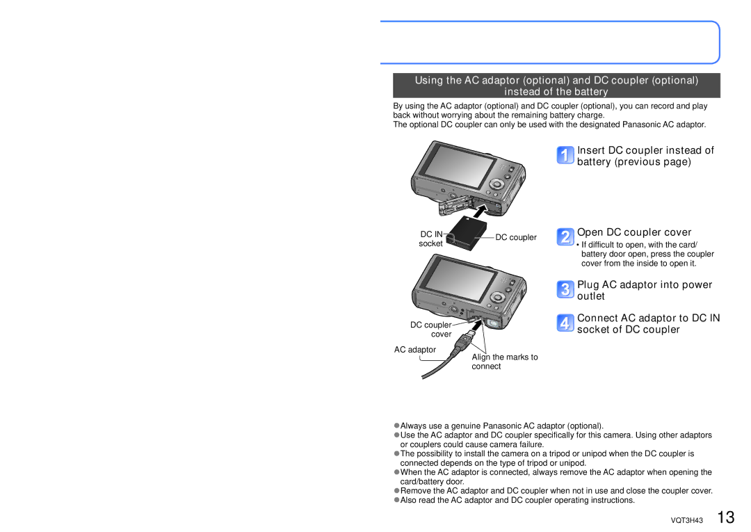 Panasonic MC-ZS8, DMC-TZ18 owner manual Insert DC coupler instead of battery previous, Open DC coupler cover 