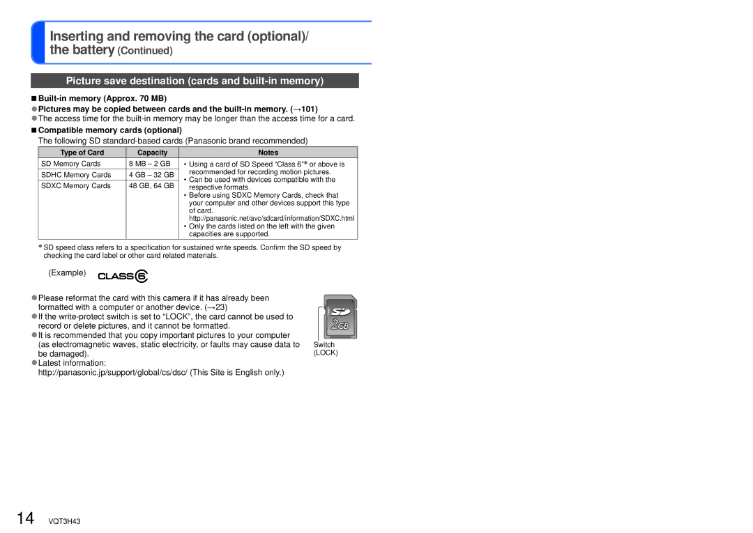 Panasonic DMC-TZ18 Inserting and removing the card optional Battery, Picture save destination cards and built-in memory 