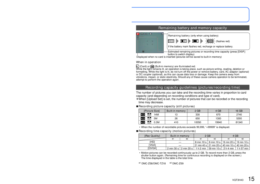 Panasonic MC-ZS8, DMC-TZ18 Remaining battery and memory capacity, Recording capacity guidelines pictures/recording time 