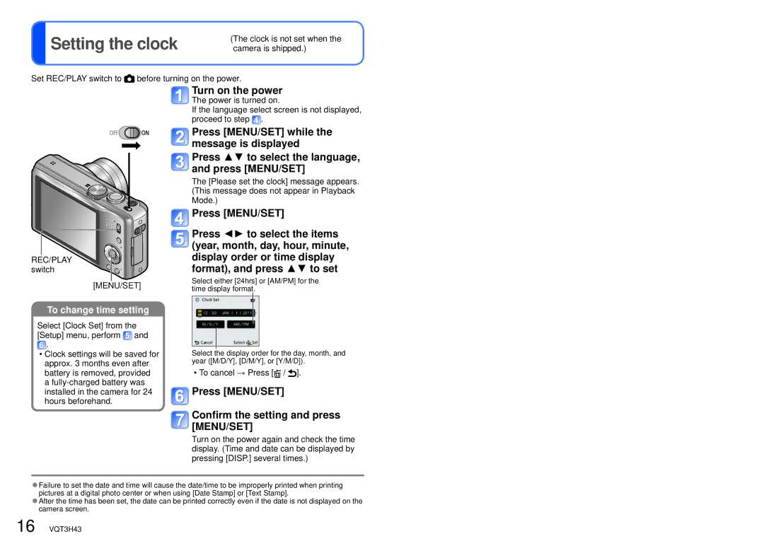 Panasonic DMC-TZ18, MC-ZS8 owner manual Setting the clock, Turn on the power, Press MENU/SET 