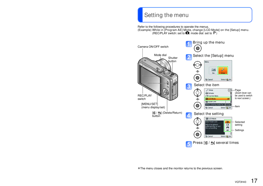 Panasonic MC-ZS8, DMC-TZ18 Setting the menu, Bring up the menu Select the Setup menu, Select the item, Select the setting 