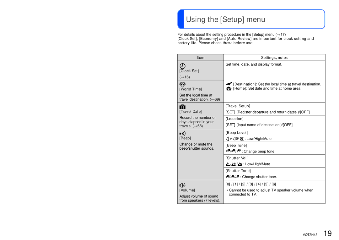 Panasonic MC-ZS8, DMC-TZ18 owner manual Using the Setup menu 