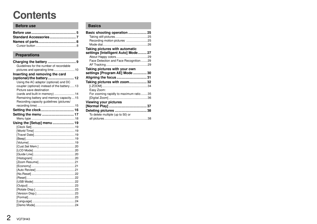 Panasonic DMC-TZ18, MC-ZS8 owner manual Contents 