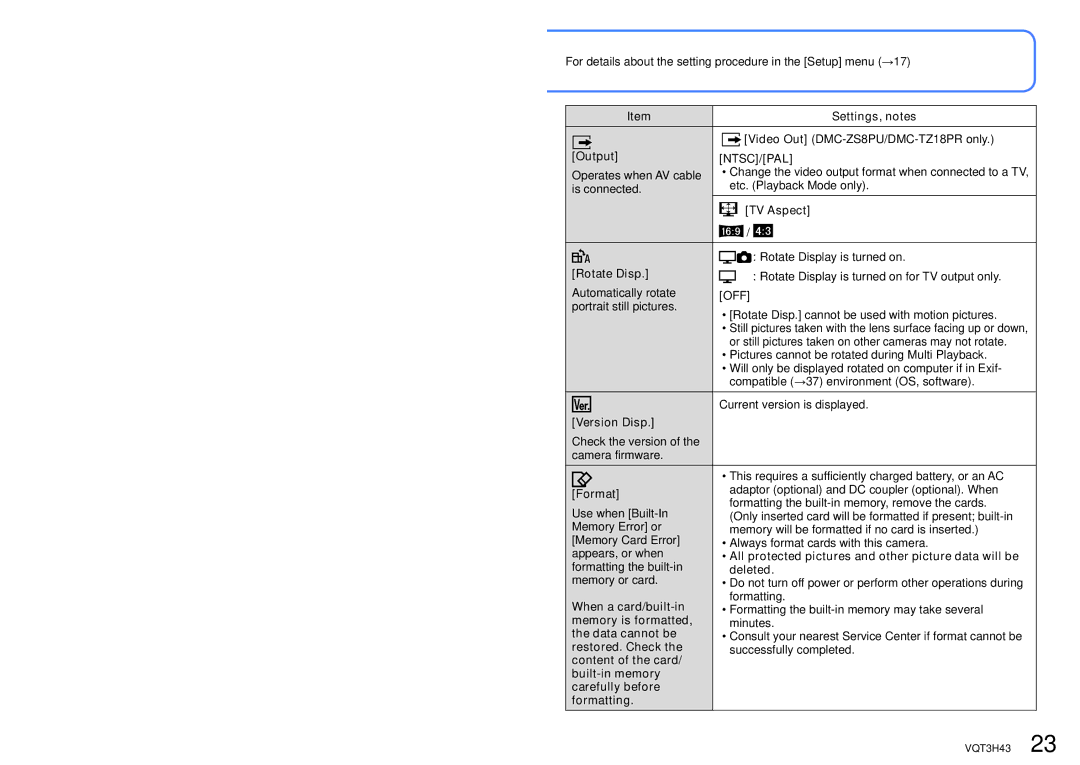 Panasonic MC-ZS8 Output, TV Aspect, Rotate Disp, Version Disp, Format, Deleted, When a card/built-in, Memory is formatted 