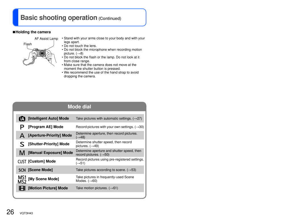 Panasonic DMC-TZ18, MC-ZS8 owner manual Mode dial, Holding the camera 