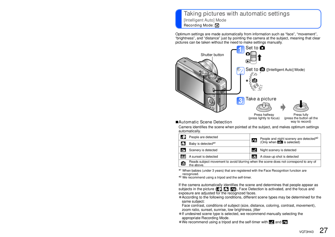 Panasonic MC-ZS8 Taking pictures with automatic settings, Take a picture, Intelligent Auto Mode, Automatic Scene Detection 