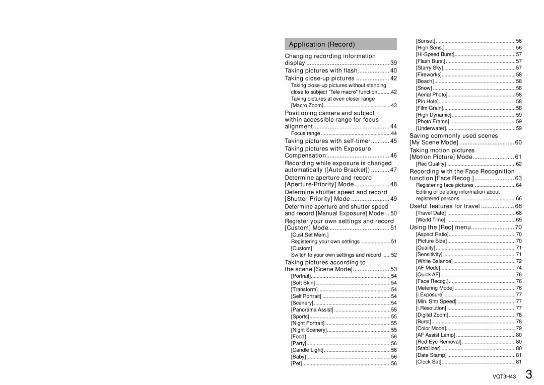 Panasonic MC-ZS8, DMC-TZ18 owner manual Application Record 