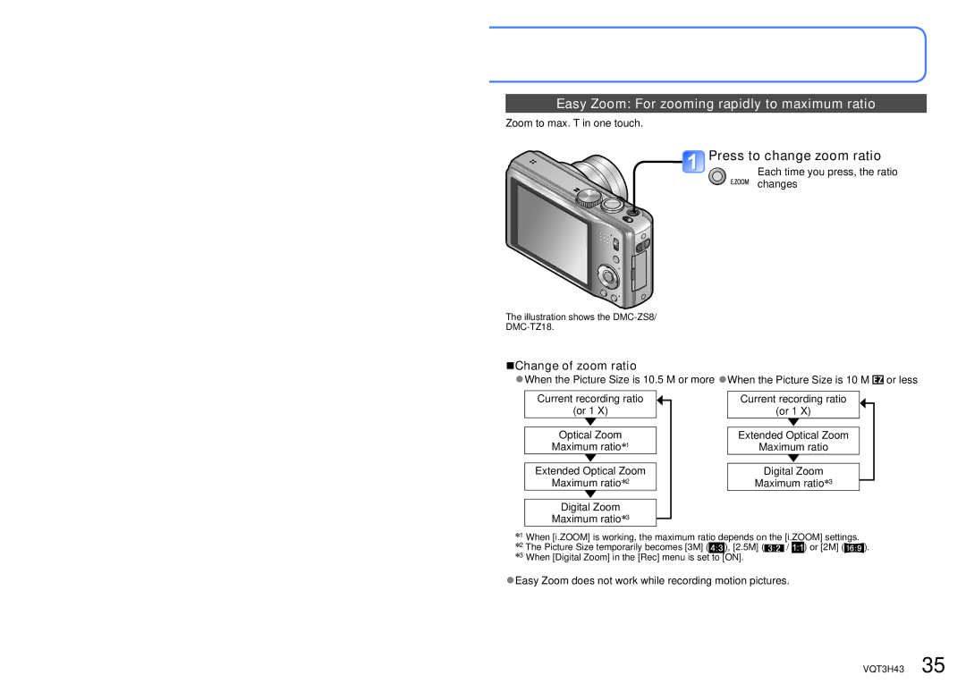 Panasonic MC-ZS8 Easy Zoom For zooming rapidly to maximum ratio, Press to change zoom ratio, Change of zoom ratio 