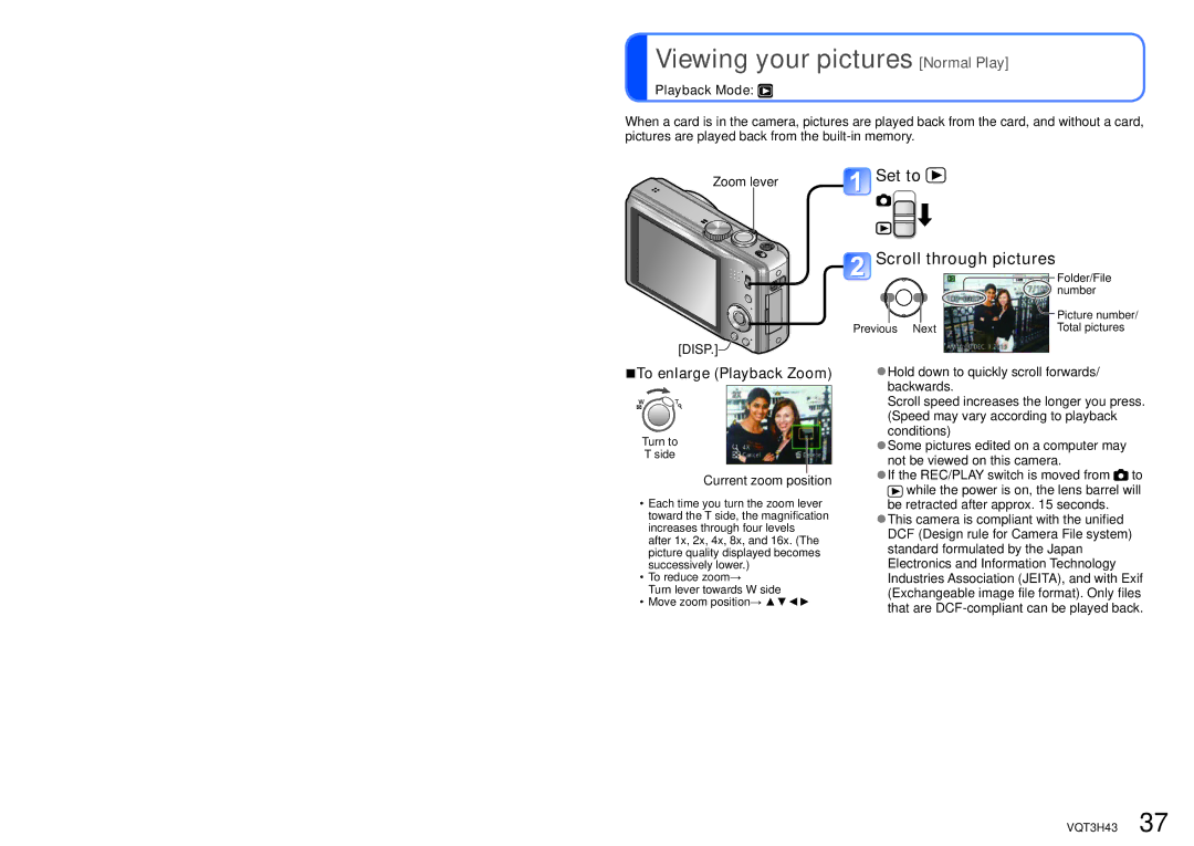 Panasonic MC-ZS8, DMC-TZ18 Viewing your pictures Normal Play, Set to Scroll through pictures, To enlarge Playback Zoom 