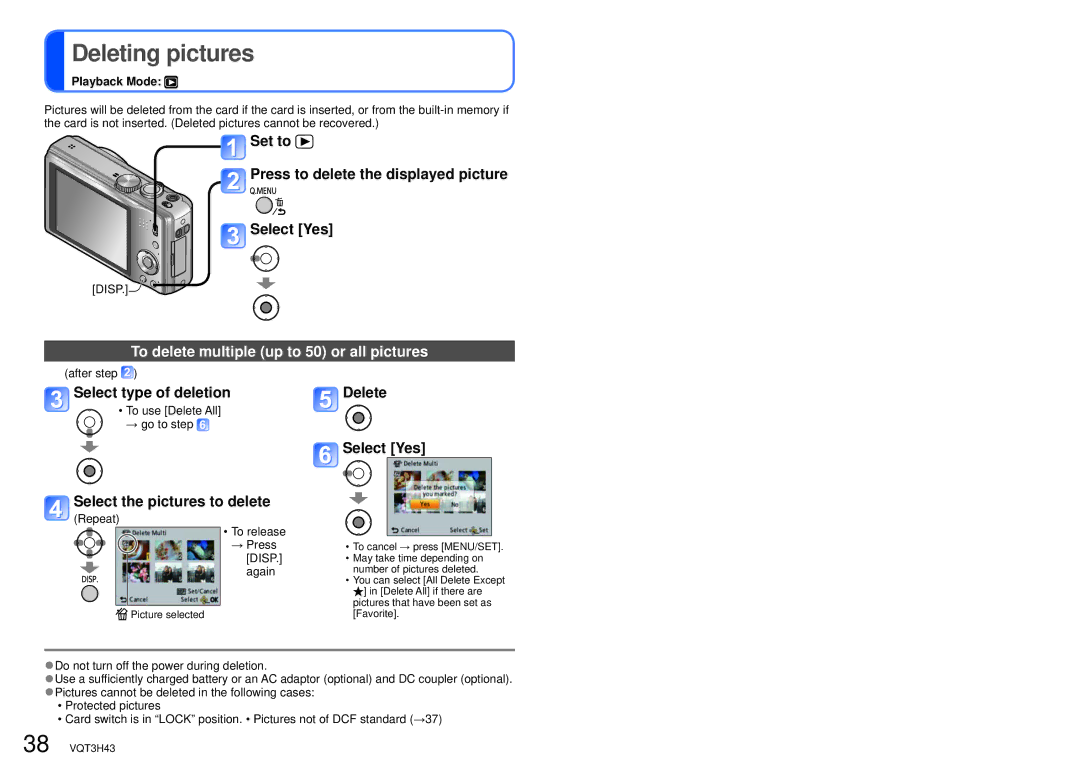 Panasonic DMC-TZ18 Deleting pictures, Set to Press to delete the displayed picture Select Yes, Select type of deletion 