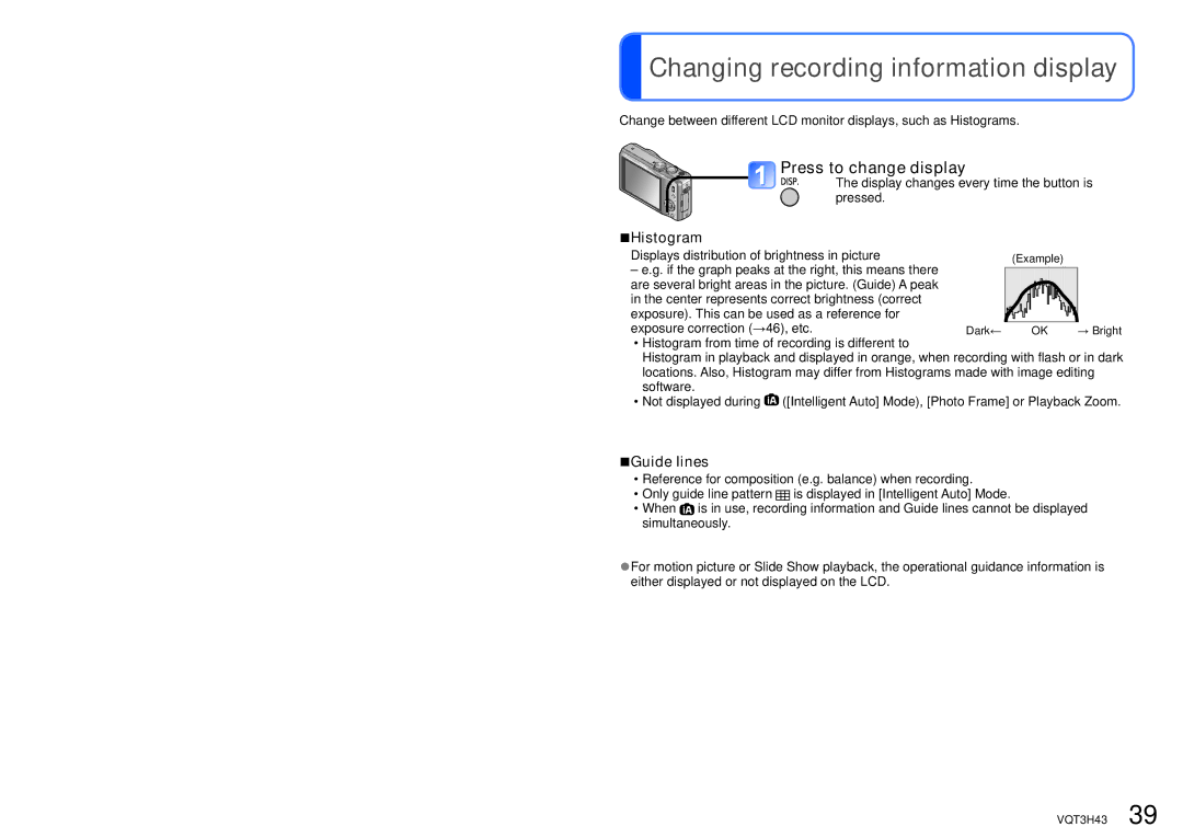 Panasonic MC-ZS8, DMC-TZ18 Changing recording information display, Press to change display, Histogram, Guide lines 