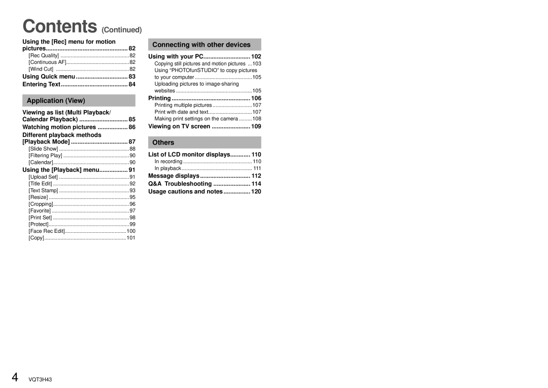 Panasonic DMC-TZ18, MC-ZS8 owner manual Contents 