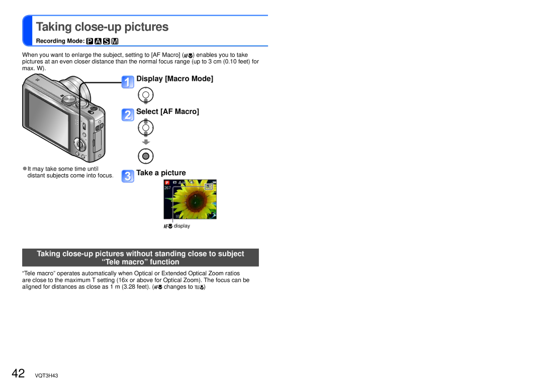 Panasonic DMC-TZ18, MC-ZS8 owner manual Taking close-up pictures, Display Macro Mode Select AF Macro, Take a picture 