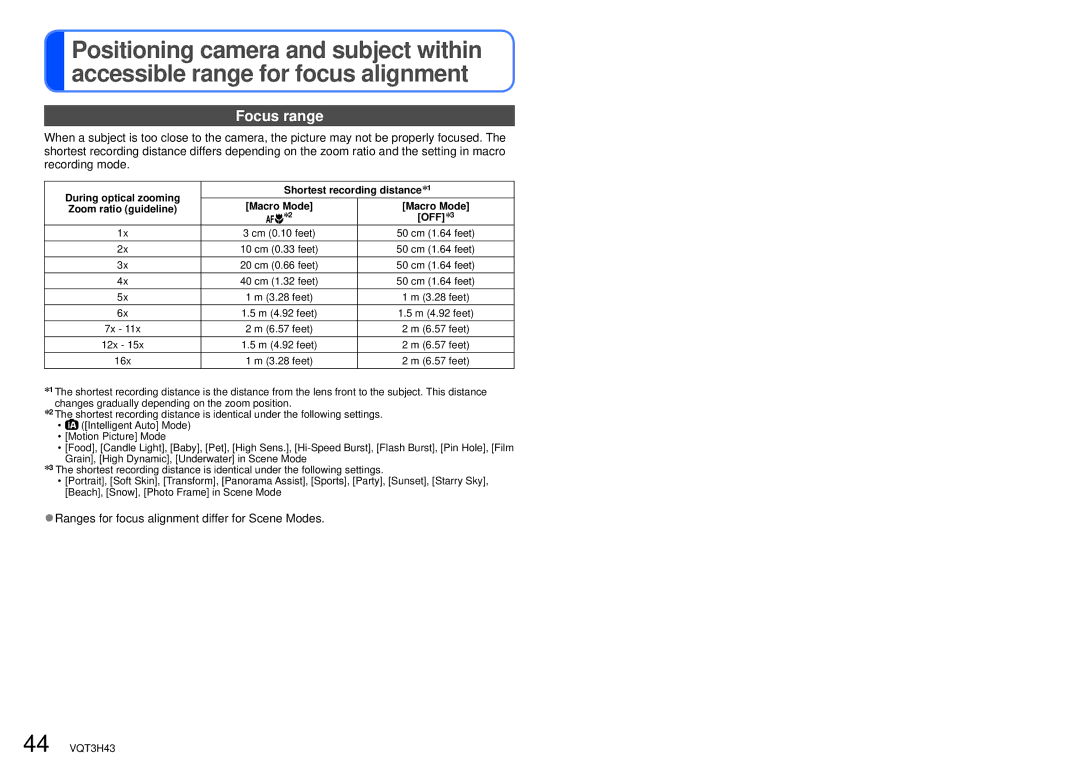 Panasonic DMC-TZ18, MC-ZS8 Focus range, Ranges for focus alignment differ for Scene Modes, Shortest recording distance∗1 