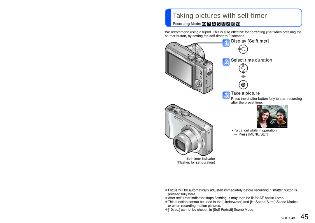 Panasonic MC-ZS8, DMC-TZ18 Taking pictures with self-timer, Display Selftimer Select time duration Take a picture 