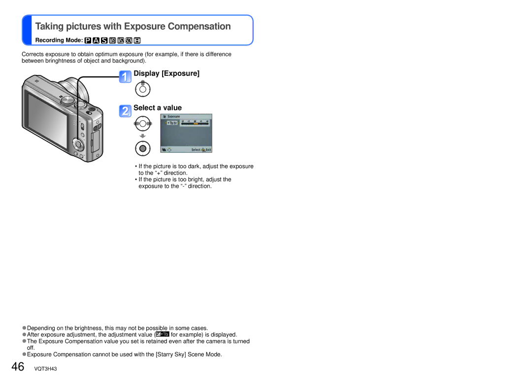 Panasonic DMC-TZ18, MC-ZS8 owner manual Taking pictures with Exposure Compensation, Display Exposure Select a value 