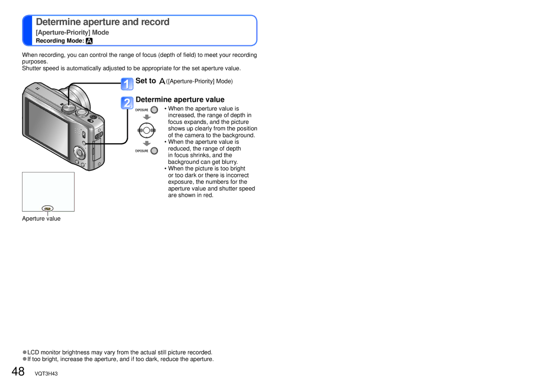 Panasonic DMC-TZ18, MC-ZS8 owner manual Determine aperture and record, Determine aperture value, Aperture-Priority Mode 