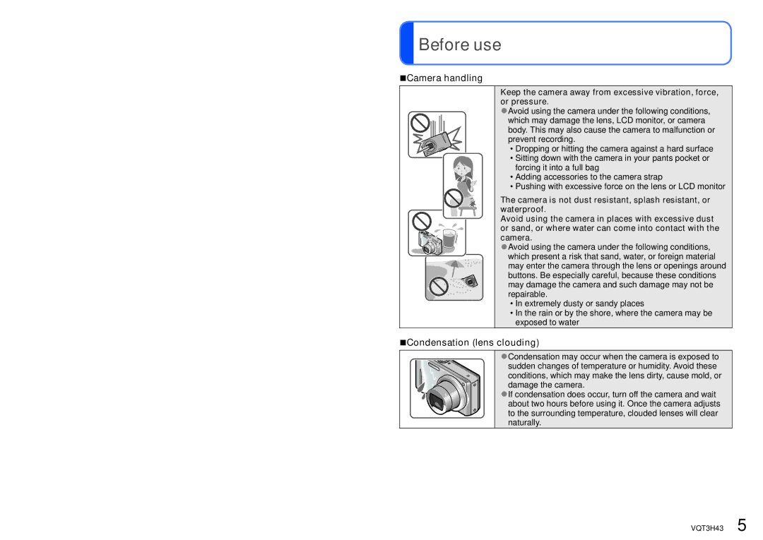 Panasonic MC-ZS8, DMC-TZ18 owner manual Before use, Camera handling, Condensation lens clouding 