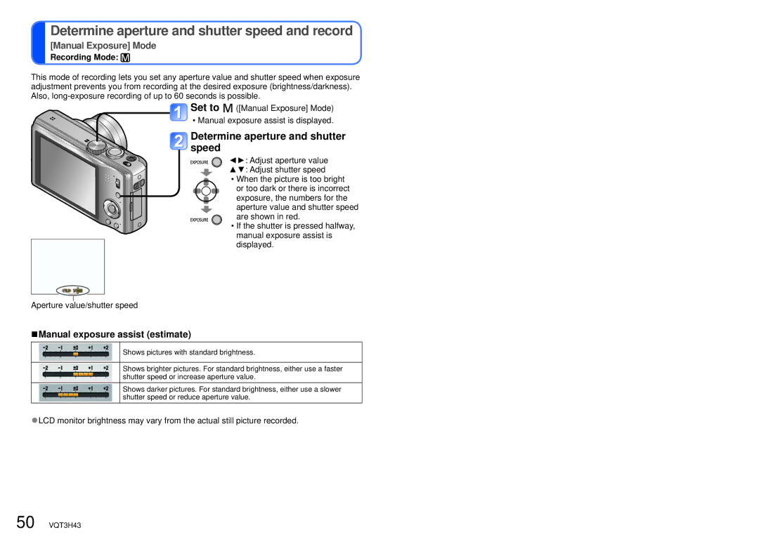 Panasonic DMC-TZ18 Determine aperture and shutter speed and record, Manual Exposure Mode, Manual exposure assist estimate 