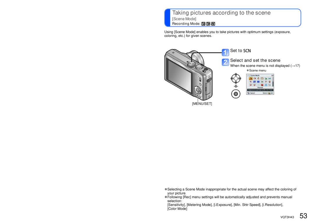 Panasonic MC-ZS8, DMC-TZ18 owner manual Taking pictures according to the scene, Set to Select and set the scene, Scene Mode 