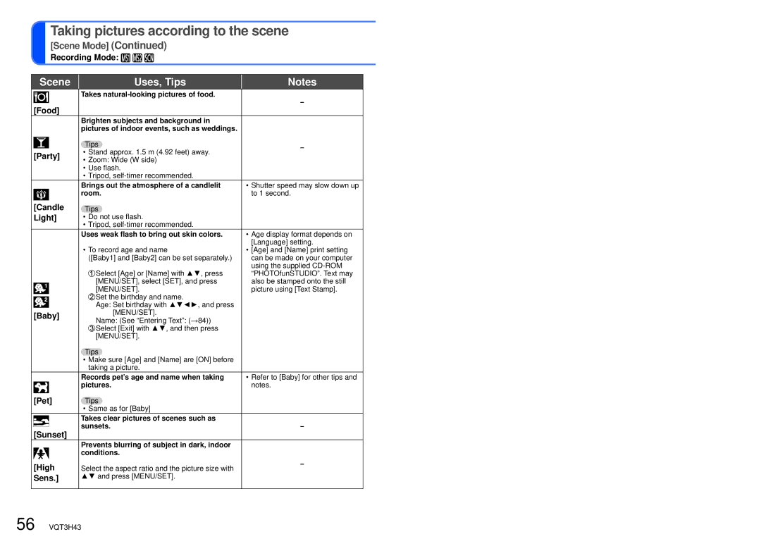 Panasonic DMC-TZ18, MC-ZS8 owner manual Food, Party, Candle, Light, Baby, Pet, Sunset, High, Sens 