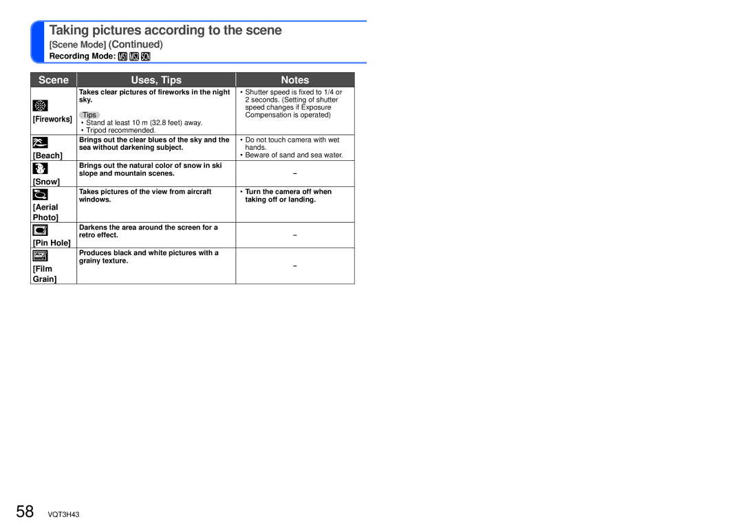 Panasonic DMC-TZ18, MC-ZS8 owner manual Beach, Snow, Aerial, Photo, Pin Hole, Film, Grain 