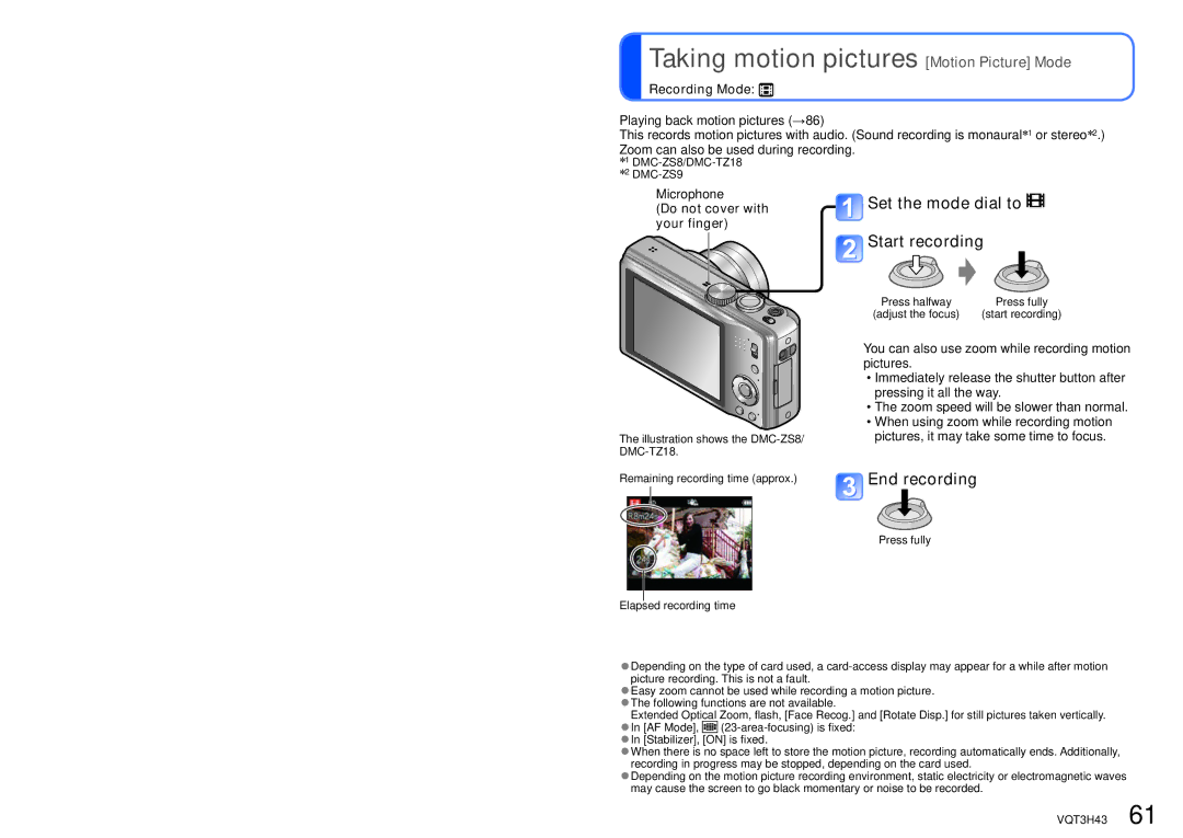 Panasonic MC-ZS8, DMC-TZ18 Taking motion pictures Motion Picture Mode, Set the mode dial to Start recording, End recording 