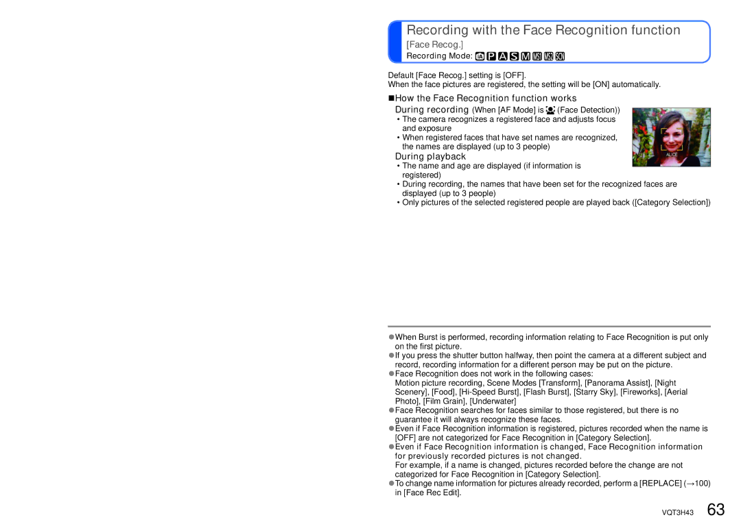 Panasonic MC-ZS8, DMC-TZ18 owner manual Recording with the Face Recognition function, During playback 