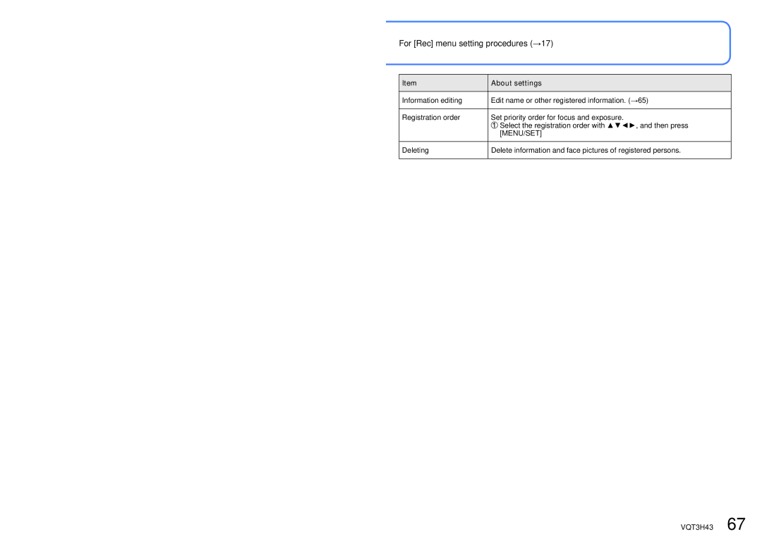 Panasonic MC-ZS8, DMC-TZ18 owner manual For Rec menu setting procedures →17 