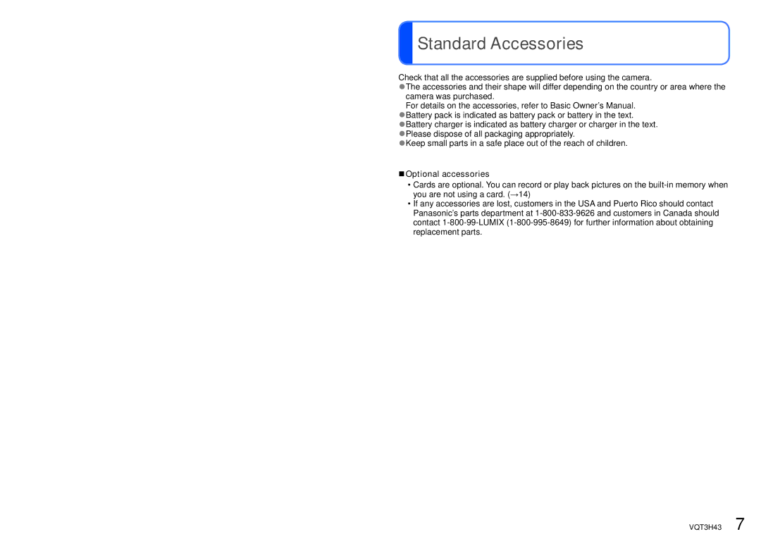 Panasonic MC-ZS8, DMC-TZ18 owner manual Standard Accessories, Optional accessories 