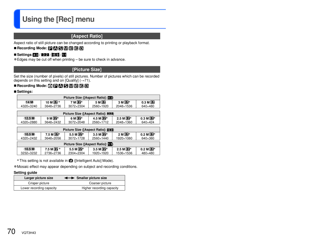 Panasonic DMC-TZ18, MC-ZS8 Using the Rec menu, Aspect Ratio, Picture Size, Recording Mode Settings, Setting guide 