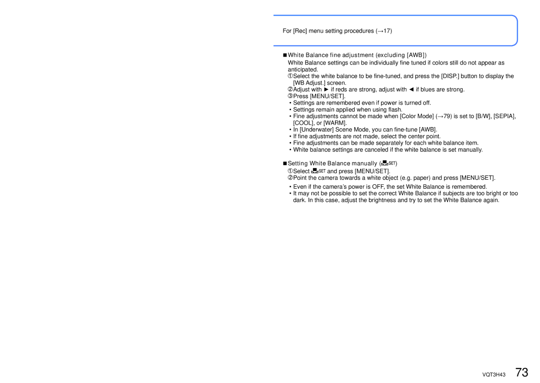 Panasonic MC-ZS8, DMC-TZ18 owner manual White Balance fine adjustment excluding AWB, Setting White Balance manually 