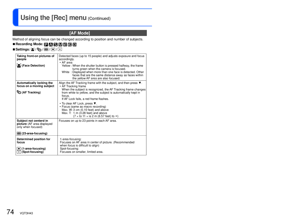 Panasonic DMC-TZ18, MC-ZS8 owner manual AF Mode 