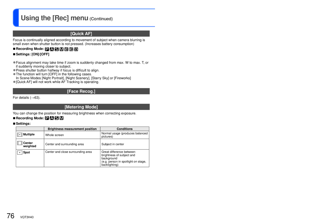 Panasonic DMC-TZ18, MC-ZS8 owner manual Quick AF, Face Recog, Metering Mode, Recording Mode Settings ON/OFF, For details →63 