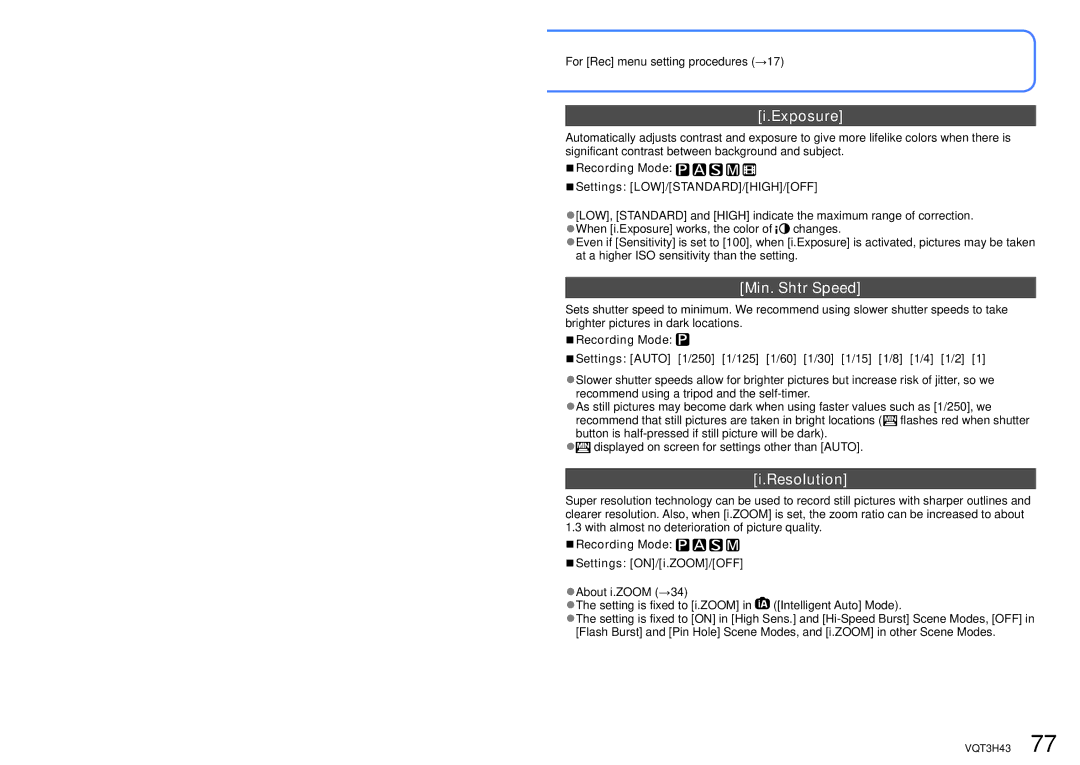 Panasonic MC-ZS8, DMC-TZ18 owner manual Exposure, Min. Shtr Speed, Resolution, Recording Mode Settings LOW/STANDARD/HIGH/OFF 