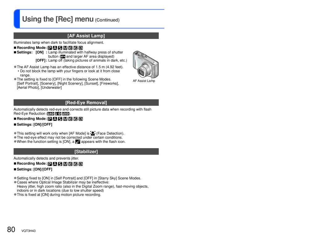 Panasonic DMC-TZ18, MC-ZS8 AF Assist Lamp, Red-Eye Removal, Stabilizer, Automatically detects and prevents jitter 