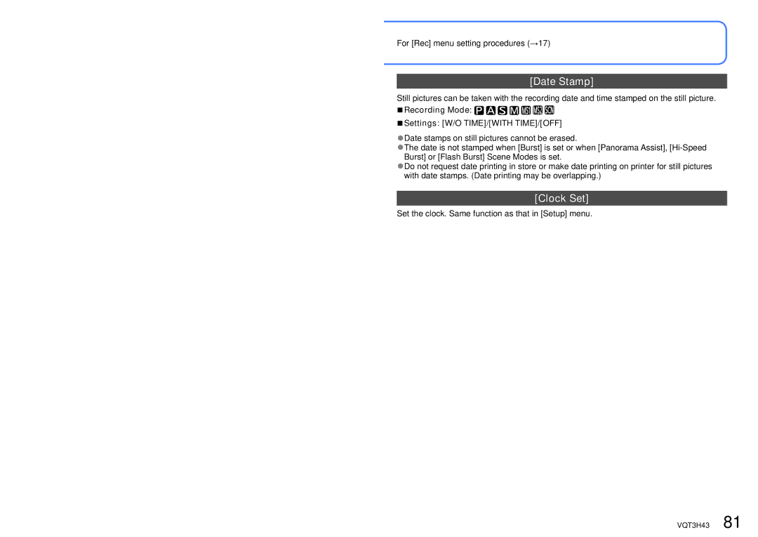 Panasonic MC-ZS8, DMC-TZ18 owner manual Date Stamp, Clock Set, Recording Mode Settings W/O TIME/WITH TIME/OFF 