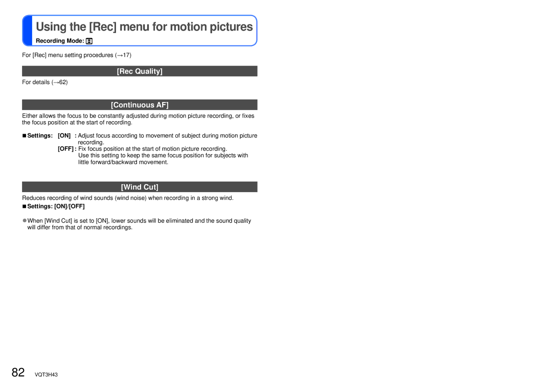 Panasonic DMC-TZ18, MC-ZS8 owner manual Using the Rec menu for motion pictures, Continuous AF, Wind Cut, For details →62 