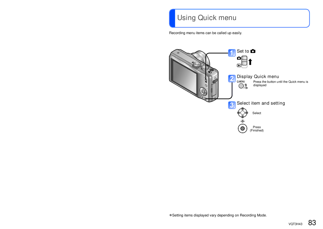 Panasonic MC-ZS8, DMC-TZ18 owner manual Using Quick menu, Set to Display Quick menu, Select item and setting 