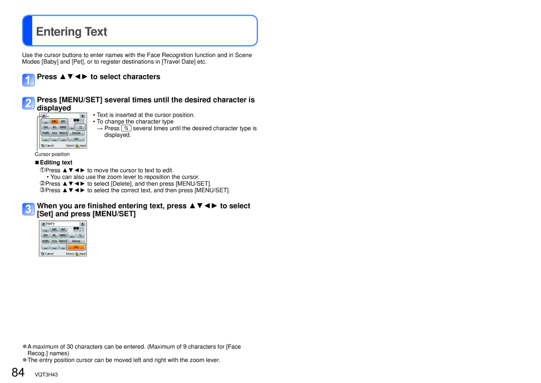 Panasonic DMC-TZ18, MC-ZS8 owner manual Entering Text, Editing text 