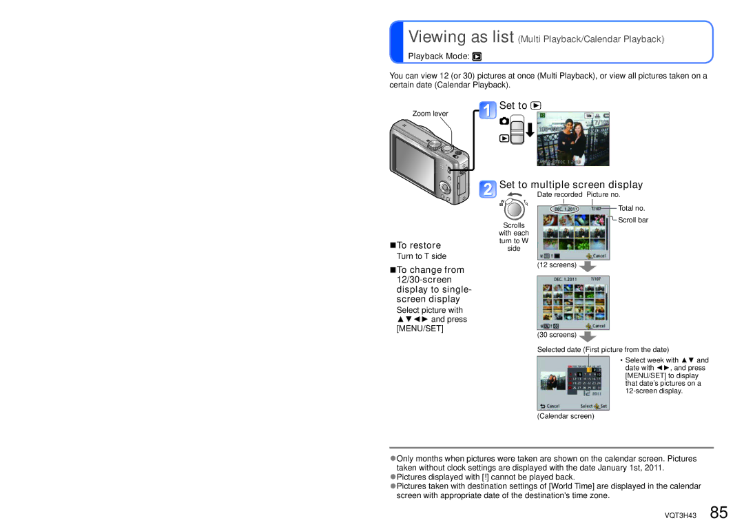 Panasonic MC-ZS8 Set to Set to multiple screen display, Viewing as list Multi Playback/Calendar Playback, To restore 