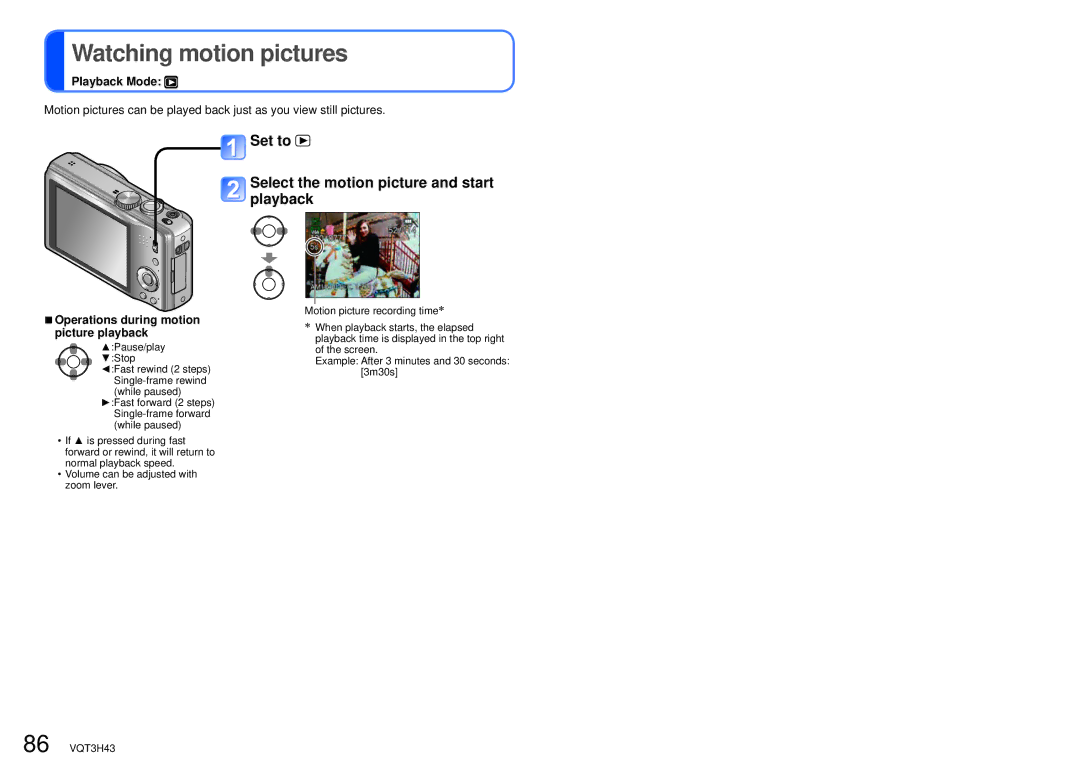 Panasonic DMC-TZ18, MC-ZS8 owner manual Watching motion pictures, Set to Select the motion picture and start playback 