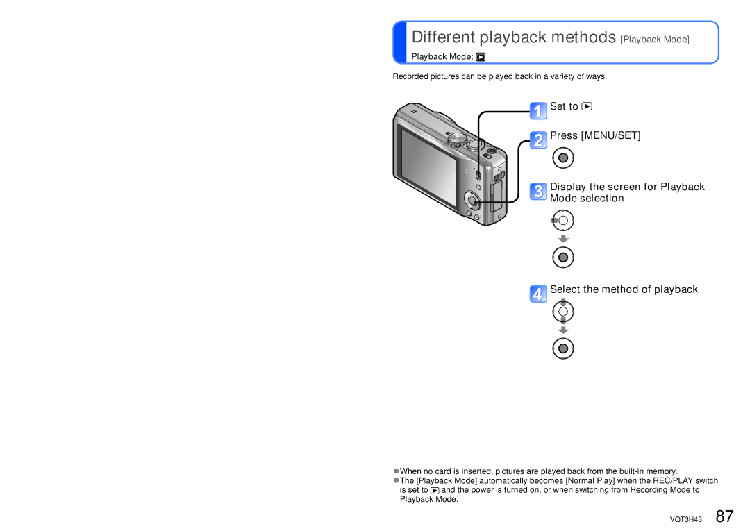 Panasonic MC-ZS8 Different playback methods Playback Mode, Recorded pictures can be played back in a variety of ways 