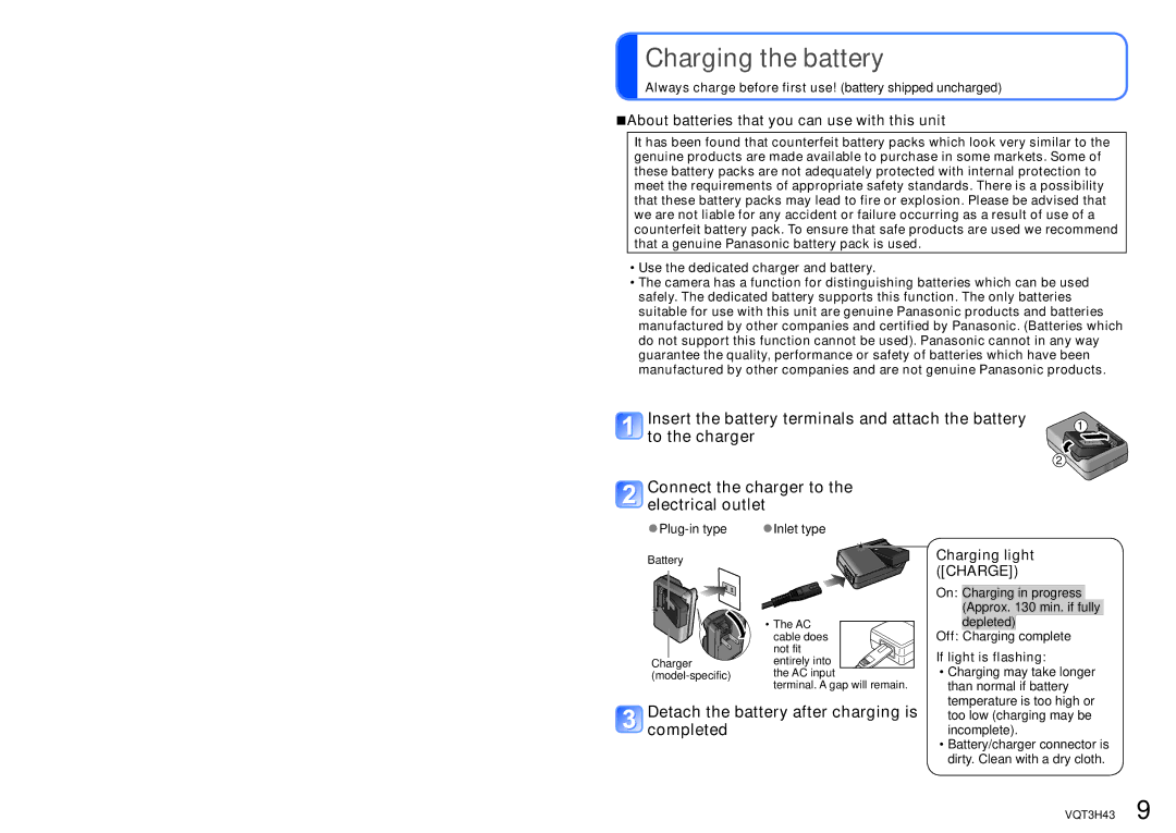 Panasonic MC-ZS8, DMC-TZ18 Charging the battery, Detach the battery after charging is completed, Charging light Charge 