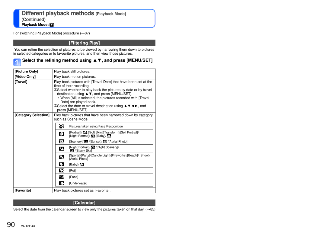 Panasonic DMC-TZ18, MC-ZS8 owner manual Filtering Play, Select the refining method using , and press MENU/SET, Calendar 